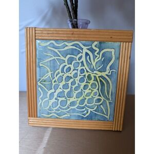Vintage Wicker Wood Box Tile Trivet Wall‎ Decor Grape Design Handmade in Ireland